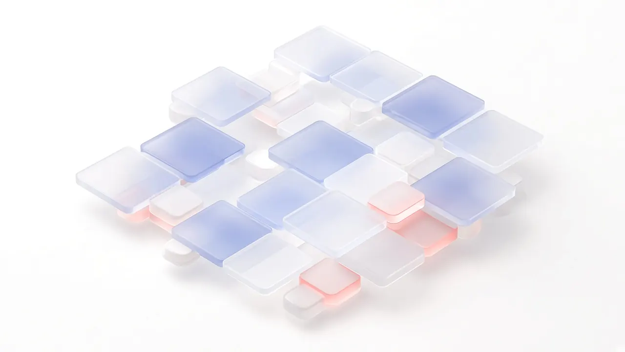 Frosted glass tiles in indigo and coral, set in a grid.
