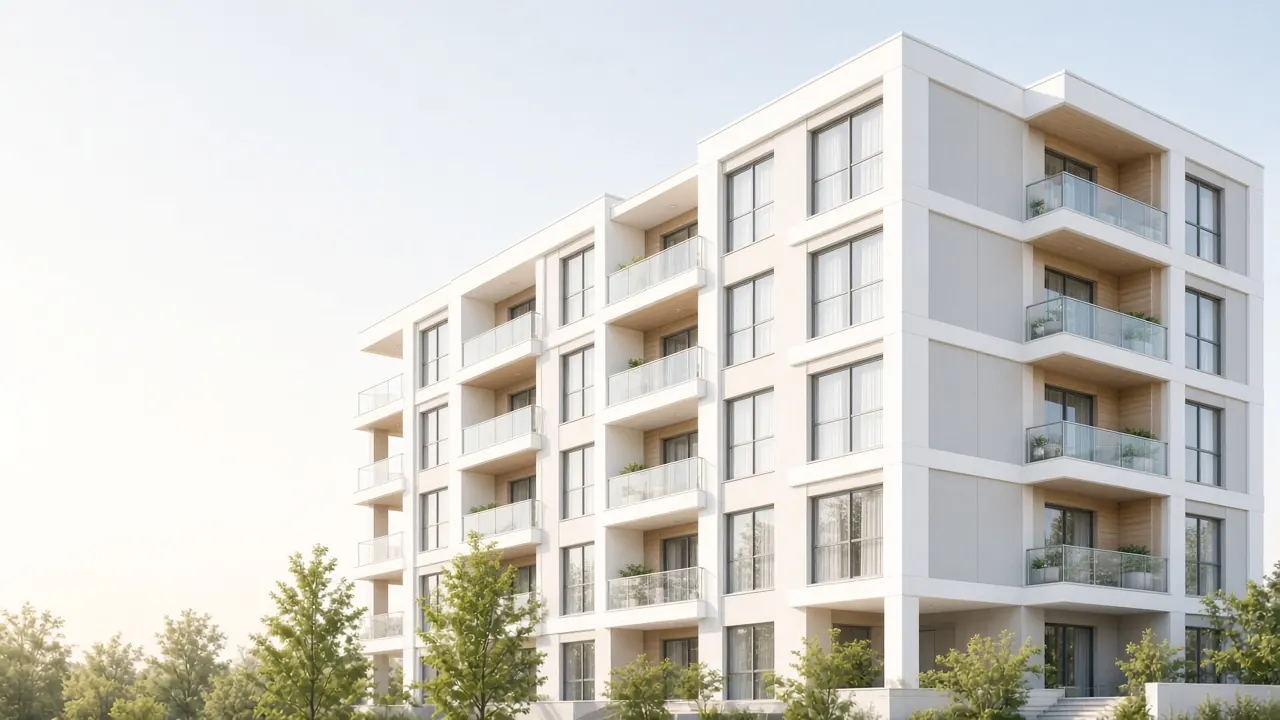 A white apartment building in morning light.